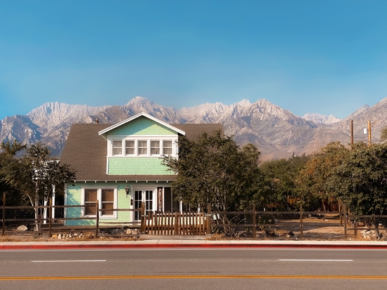blue house with mountain view background in California USA by Timmy333