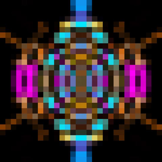 geometric square pixel abstract in blue orange pink with black background by Timmy333