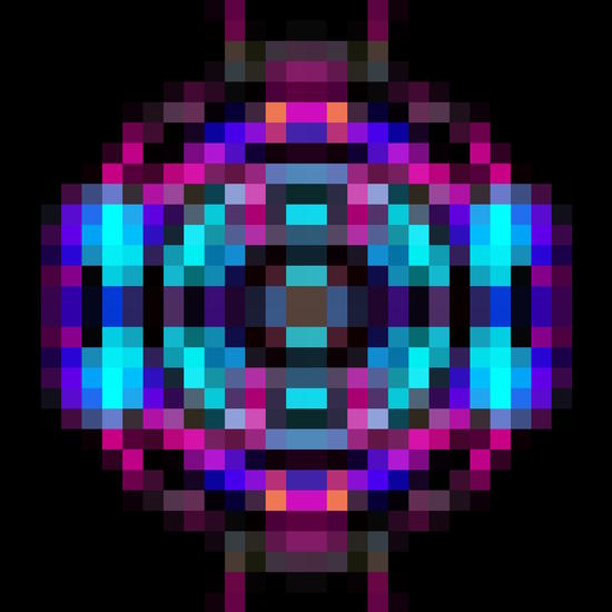 geometric square pixel abstract in orange blue pink with black background by Timmy333