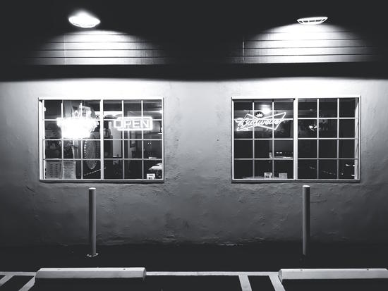 windows of the bar and restaurant in Los Angeles, USA in black and white by Timmy333