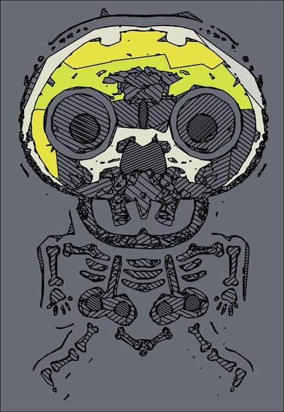 yellow skull and bone graffiti drawing with grey background by Timmy333
