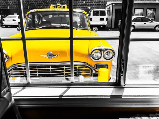 vintage yellow taxi car with black and white background by Timmy333
