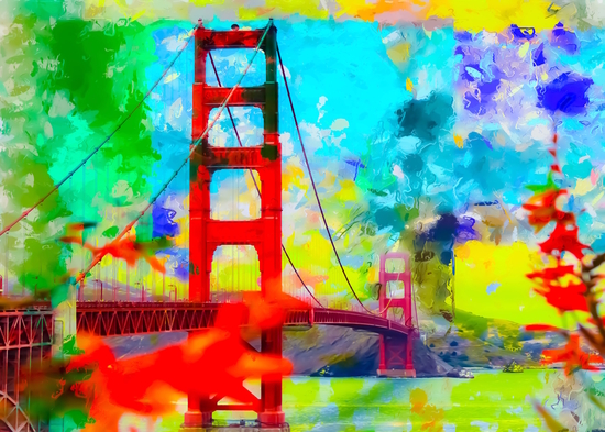 Golden Gate bridge, San Francisco, USA with blue yellow green painting abstract background by Timmy333