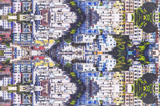 buildings in the city with green trees abstract background by Timmy333