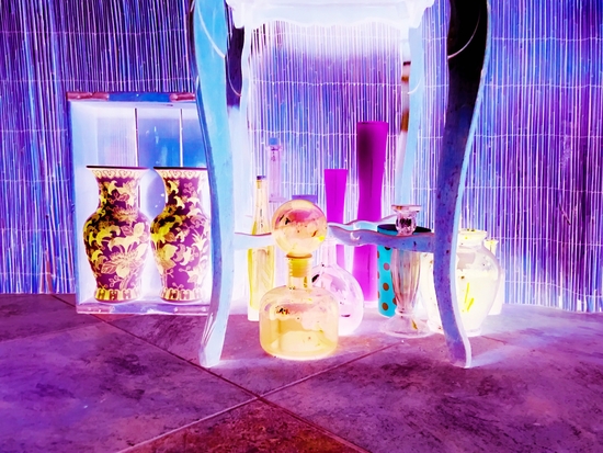 colorful vase and vintage style vase on the tile floor with wood background by Timmy333