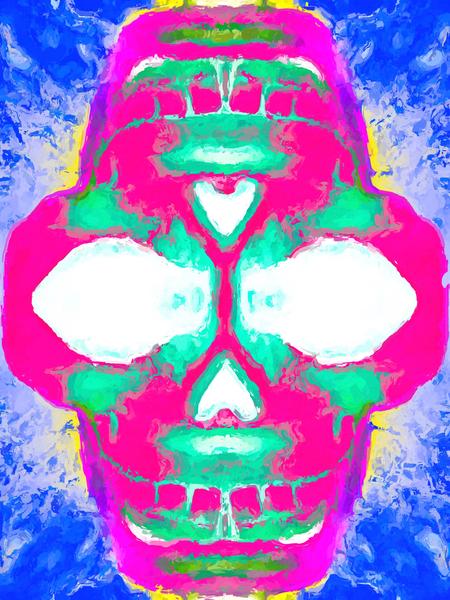 painting pink smiling skull head with blue and yellow background by Timmy333