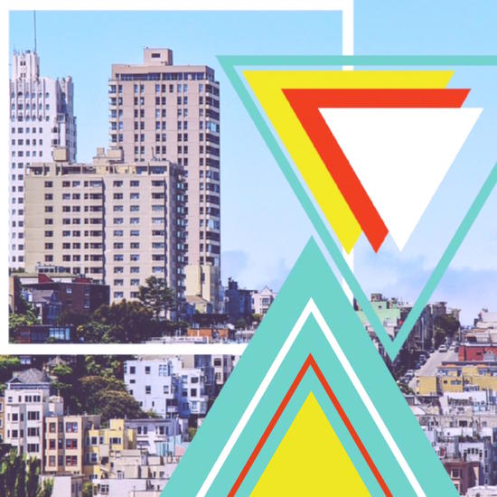 buildings in the city with colorful triangle shape and blue sky by Timmy333