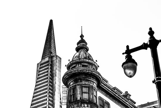 pyramid building and vintage style building at San Francisco, USA in black and white by Timmy333