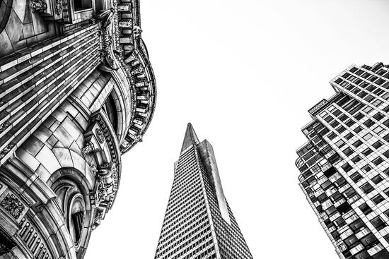 pyramid building and modern building and vintage style building at San Francisco, USA in black and white by Timmy333