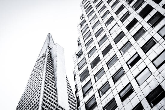 pyramid building and modern building at San Francisco, USA in black and white by Timmy333