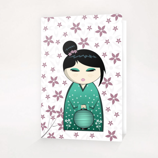 Pink flower kokeshi Greeting Card & Postcard by PIEL Design