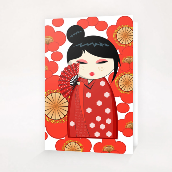 Red flower kokeshi Greeting Card & Postcard by PIEL Design