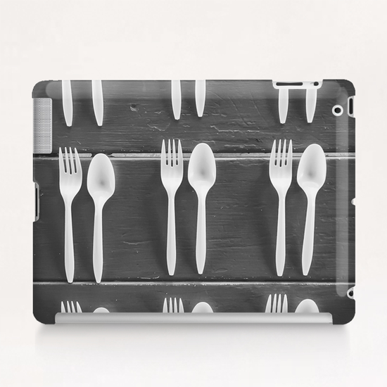 forks and spoons with wood background in black and white Tablet Case by Timmy333