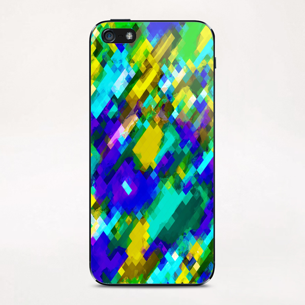 psychedelic geometric square pixel pattern abstract in green yellow blue purple iPhone & iPod Skin by Timmy333
