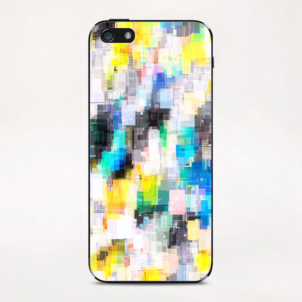 psychedelic geometric square pixel pattern abstract in blue yellow green iPhone & iPod Skin by Timmy333