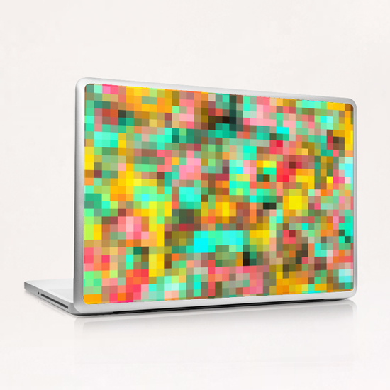 geometric square pixel pattern abstract in green yellow pink Laptop & iPad Skin by Timmy333