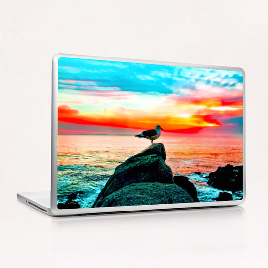 seagull bird on the stone with ocean sunset sky background in summer Laptop & iPad Skin by Timmy333