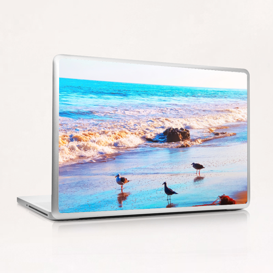 seagull bird on the sandy beach with blue wave water in summer Laptop & iPad Skin by Timmy333