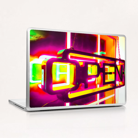 night light with open neon sign in pink yellow green background Laptop & iPad Skin by Timmy333