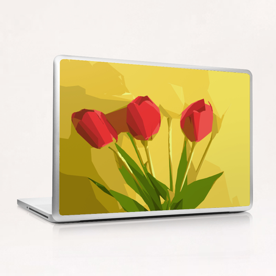 red flowers with green leaves and yellow background Laptop & iPad Skin by Timmy333