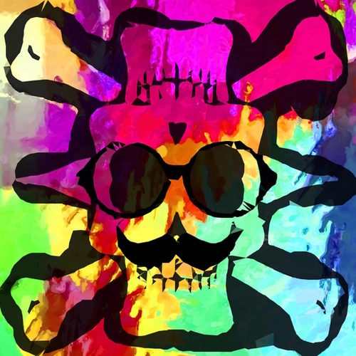 old vintage funny skull art portrait with painting abstract background in red purple yellow green Mural by Timmy333