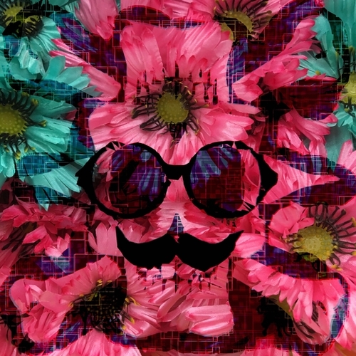 vintage old skull portrait with red and blue flower pattern abstract background Mural by Timmy333