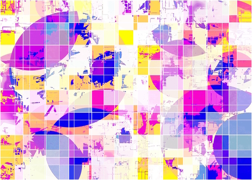 geometric square and circle pattern abstract in pink blue yellow Mural by Timmy333