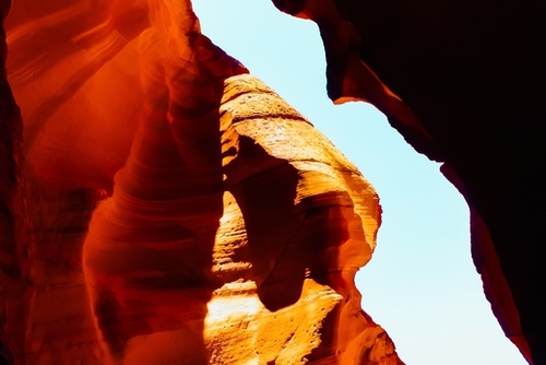 sandstone abstract with blue sky at Antelope Canyon, Arizona, USA Mural by Timmy333