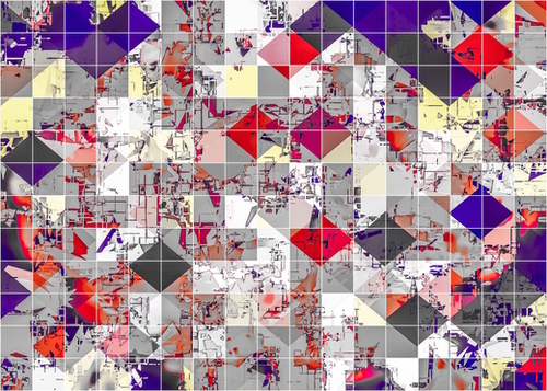 geometric square pixel pattern abstract in purple orange red Mural by Timmy333