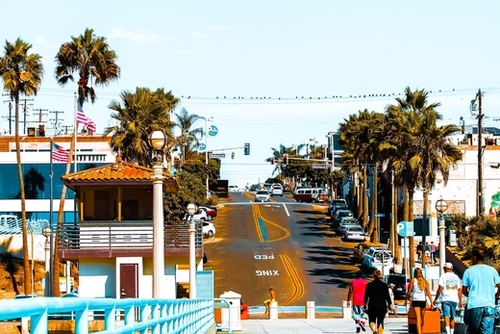 road to the pier with palm tree at Manhattan Beach, California, USA Mural by Timmy333