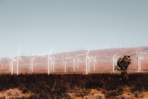 Wind turbine in the desert with blue sky at Kern County California USA Mural by Timmy333