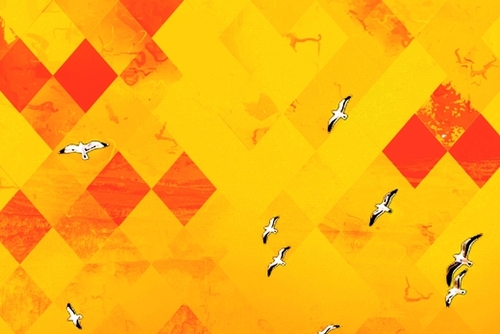 flying birds with red and yellow geometric pixel pattern background Mural by Timmy333
