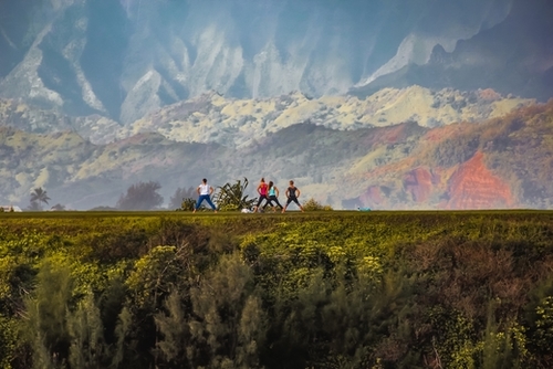 A group of people exercise on the mountain with beautiful view at Kauai, Hawaii Mural by Timmy333