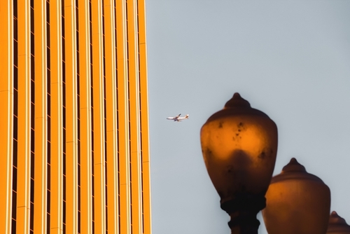 Urban Light with building and airplane at LACMA Los Angeles California USA Mural by Timmy333