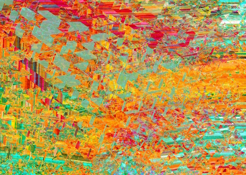 psychedelic fractal geometric triangle abstract pattern in orange yellow green blue red Mural by Timmy333