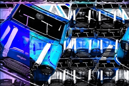 psychedelic Mini Cooper blue sport car abstract background Mural by Timmy333