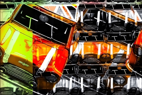 psychedelic Mini Cooper orange sport car abstract background Mural by Timmy333