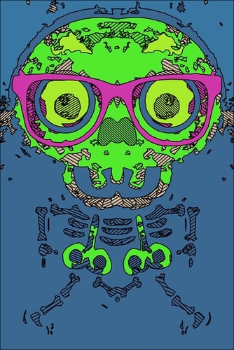 green funny skull art portrait with pink glasses and blue background Mural by Timmy333