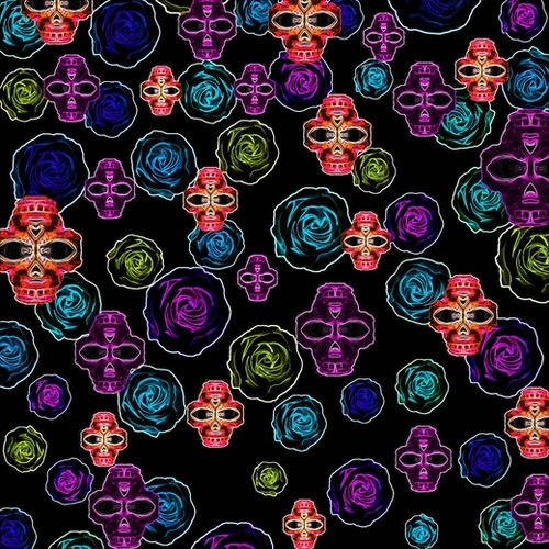 skull art portrait and roses in pink purple blue yellow with black background Mural by Timmy333
