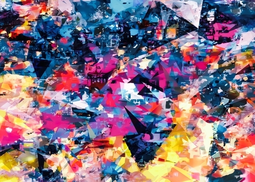 psychedelic geometric triangle pattern abstract in blue pink red yellow Mural by Timmy333