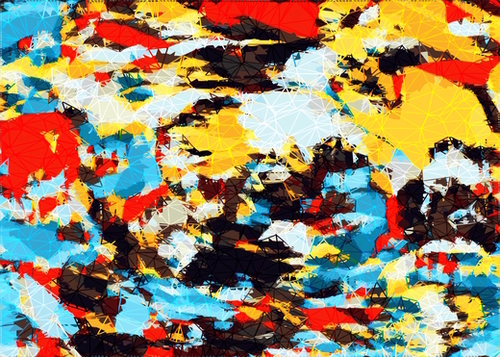 psychedelic geometric splash painting abstract pattern in yellow red blue brown Mural by Timmy333