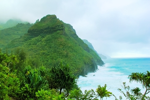 green mountain with blue ocean view at Kauai, Hawaii, USA Mural by Timmy333