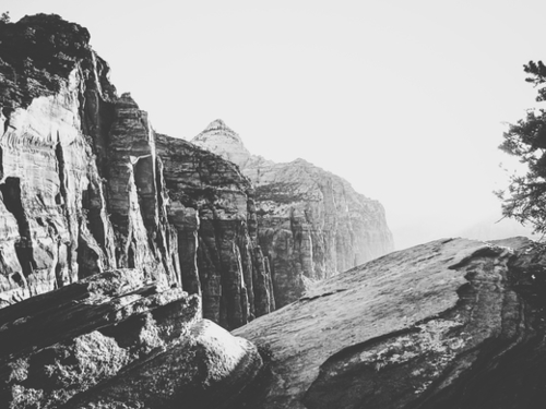 mountain view at Zion national park, USA with summer sunlight in black and white Mural by Timmy333
