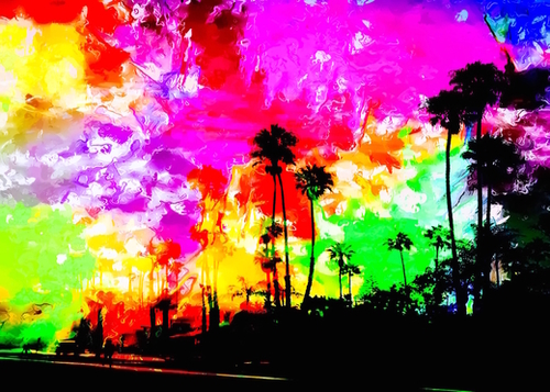palm tree at the California beach with colorful painting abstract background Mural by Timmy333