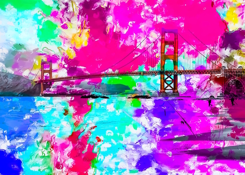 Golden Gate bridge, San Francisco, USA with pink blue green purple painting abstract background Mural by Timmy333