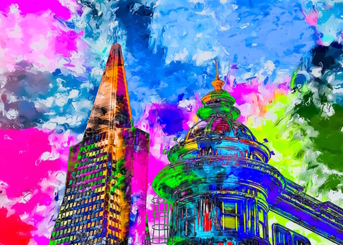 pyramid building and classic building exterior at San Francisco, USA with colorful painting abstract background Mural by Timmy333