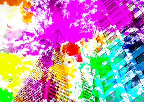 pyramid building and modern building exterior at San Francisco, USA with colorful painting abstract background Mural by Timmy333