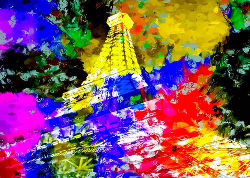 Eiffel Tower, France at night with colorful painting abstract background Mural by Timmy333
