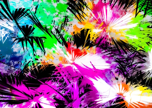 palm leaf with colorful painting abstract background in pink purple green blue yellow Mural by Timmy333