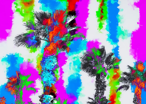 palm tree with colorful painting abstract background in blue pink green orange red Mural by Timmy333